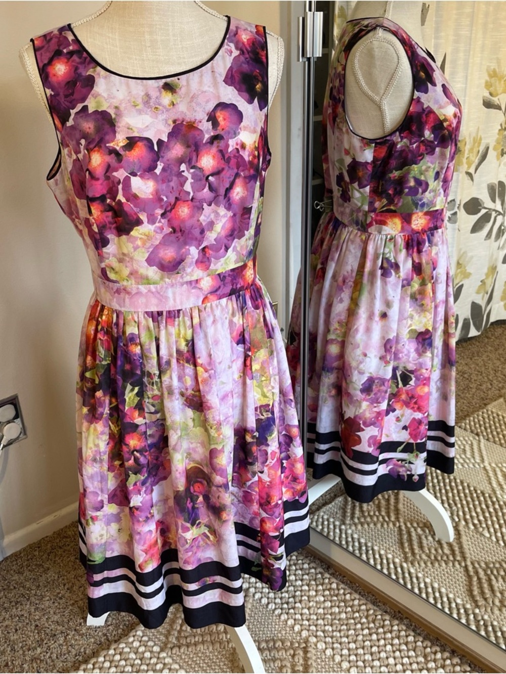 Liz Claiborne Purple Pink Floral Fit and Flare Midi Dress with Black-Trim Hem - Picture 2 of 10